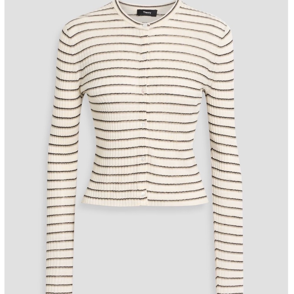 Theory Striped Cropped Cardigan in Linen-Blend